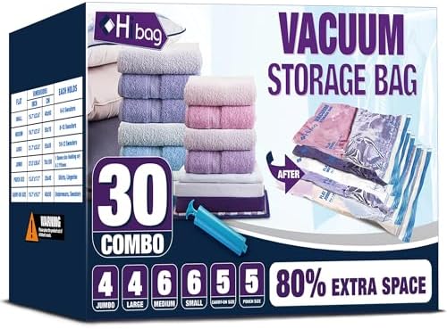 30 Combo Vacuum Storage Bags, Vacuum Seal Bags for Clothing and Bedding | Various Size, Airtight Triple Seal, Save 80% Space, Hand Pump, Work with Vacuum, Double Zip, Reusable, Easy to Use by HIBAG