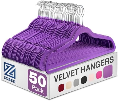 Zober Purple Velvet Hangers 50 Pack, Slim Non Slip Clothes Hangers | Slim velvet hangers with pants bar, felt hangers, flocked hangers, non slip hangers, coat hangers for suits, shirt hangers by ZOBER
