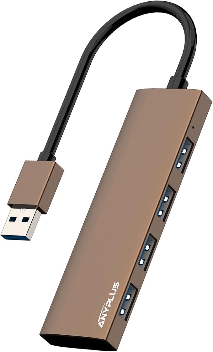 USB Hub, USB 3.0 Hub Aluminum Alloy Ultra Slim USB Splitter, Portable 4 Port USB Extender, USB Hub for Laptop, PC, MacBook, iMac, Surface Pro, Mac Pro, Flash Drive, XPS【Brown】 by ANYPLUS