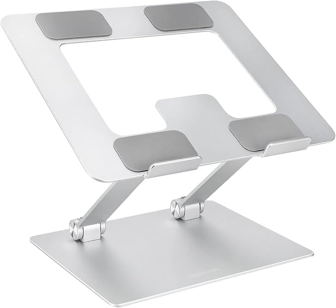 Amazon Basics Sturdy and Portable Ergonomic Laptop Stand for Desk, Height Adjustable Riser with Ventilated Cooling, Foldable, Fits all Laptops up to 15.6 Inch, Silver by AmazonBasics