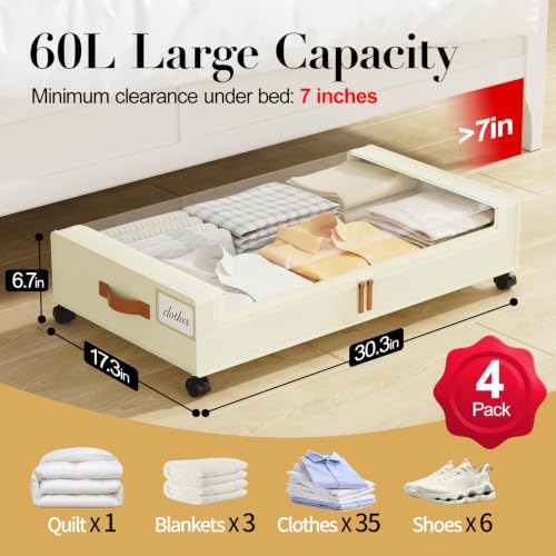 Yecaye 60L Under Bed Storage with Wheels, 4 Pack, Beige | 360° Rolling Wheels, Clear Lids & Label, Reinforced Handle, Rolling Metal Drawers for Clothes, Blankets, Shoes in Bedroom - Image 2