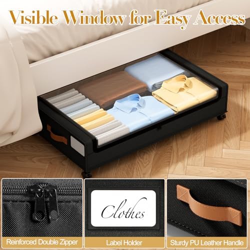 Yecaye 60L Under Bed Storage with Wheels, 2 Pack, Black | 360° Rolling Wheels, Clear Lids & Label, Reinforced Handle, Rolling Metal Drawers for Clothes, Blankets, Shoes in Bedroom - Image 5