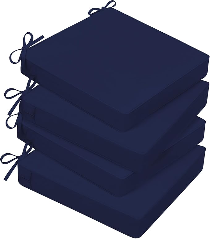 Basic Beyond Outdoor Chair Cushions for Patio Furniture, Waterproof Outdoor Seat Cushions Set of 4 19 x 19, Patio Chair Cushions Set of 4 with Ties and Handle, Navy Blue by BasicBeyond