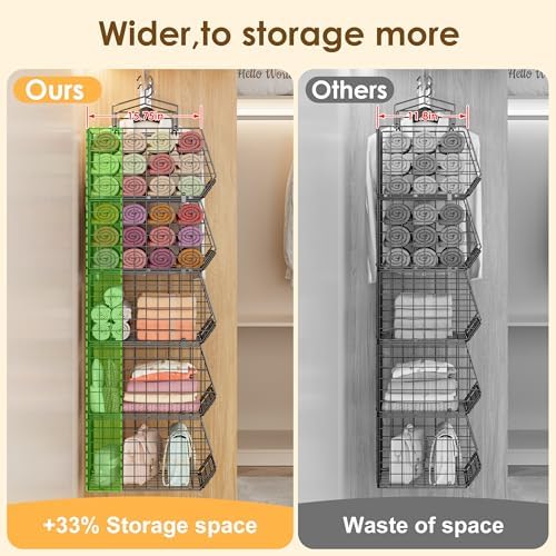 4" Extra Deeper Hanging Closet Organizers and Storage,4 Tier Foldable Wire Cabinet Shelves with 5 S Hooks,Small Metal Basket Bins for Clothes Sweaters Handbags, Wardrobe for Kitchen Laundry Room，Black - Image 5