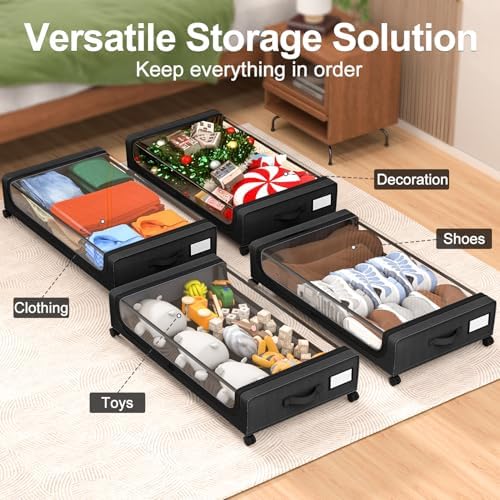 GoMaihe Under Bed Storage with Wheels 48L Black 2-Pack | Rolling Rangement Vetement sous le Lit - Containers for Clothes Shoes in Bedroom - Easy Pull-out - Image 6