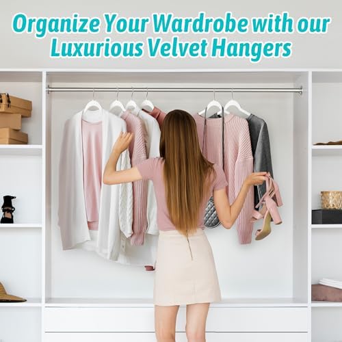 Sishynio Velvet Hangers 100 Pack, Non-Slip Slim Felt Clothes Hangers White | Space-Saving Closet Organization; Flocked Surface; 360° Swivel Hooks; For Shirts, Coats, Dresses, Blouses - Image 7