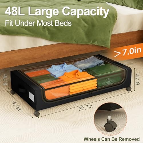 GoMaihe Under Bed Storage with Wheels 48L Black 2-Pack | Rolling Rangement Vetement sous le Lit - Containers for Clothes Shoes in Bedroom - Easy Pull-out - Image 3