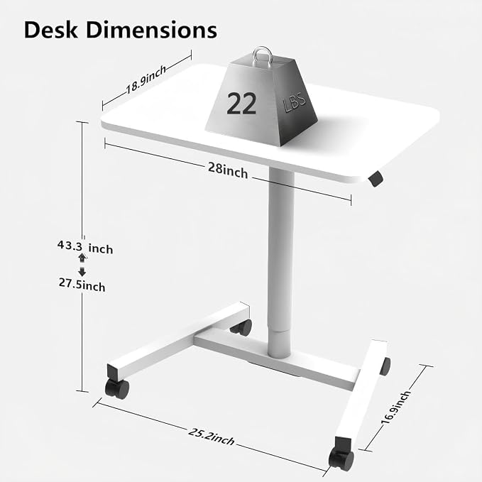 28-Inch Mobile Standing Desk, Computer Workstations with Cup Holder, Portable Standing Desk with Lockable Wheels, Rolling Table for Home Office Classroom Hospital (White) - Image 3