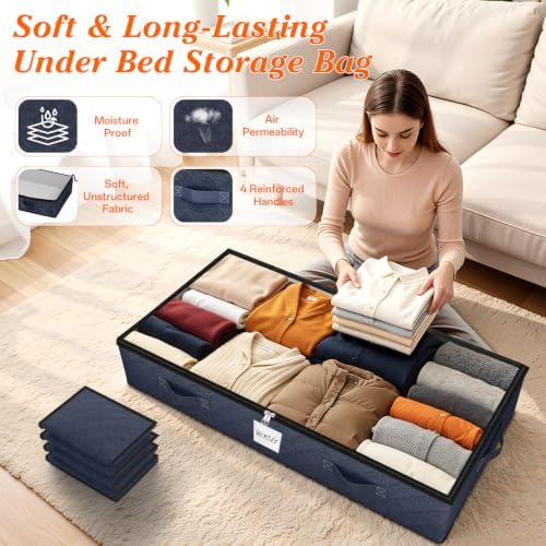 90L Under Bed Storage Containers, Storage Bags, Organizers, 8-Pack, Blue | Foldable, Soft Fabric, Closet Organizers, Reinforced Handle, Label Holder, Clear Window, for Comforters, Clothing, Blankets - Image 3