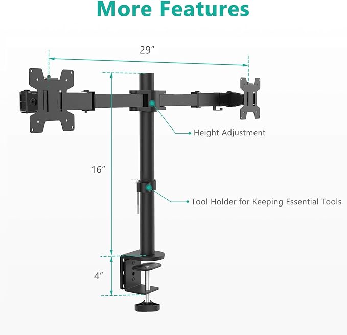 WALI Articulating Dual Monitor Stand for 13-27 inch Screens, 22 lbs per Arm | 2 Monitor Desk Mount, Full Motion with Tilt, Swivel, Rotation, C-Clamp & Grommet Base, VESA 75/100mm (M002), Black - Image 9