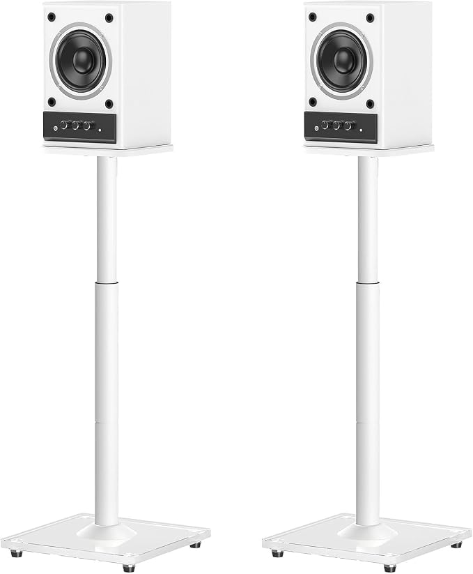 Speaker Stands Pair, 28"-37.4" Height Adjustable, Max 22 lbs, Glass Base | Surround Sound Speaker Stand with Cable Management, Universal Floor Stand for Bookshelf Satellite Studio Large Speaker, White by ELIVED