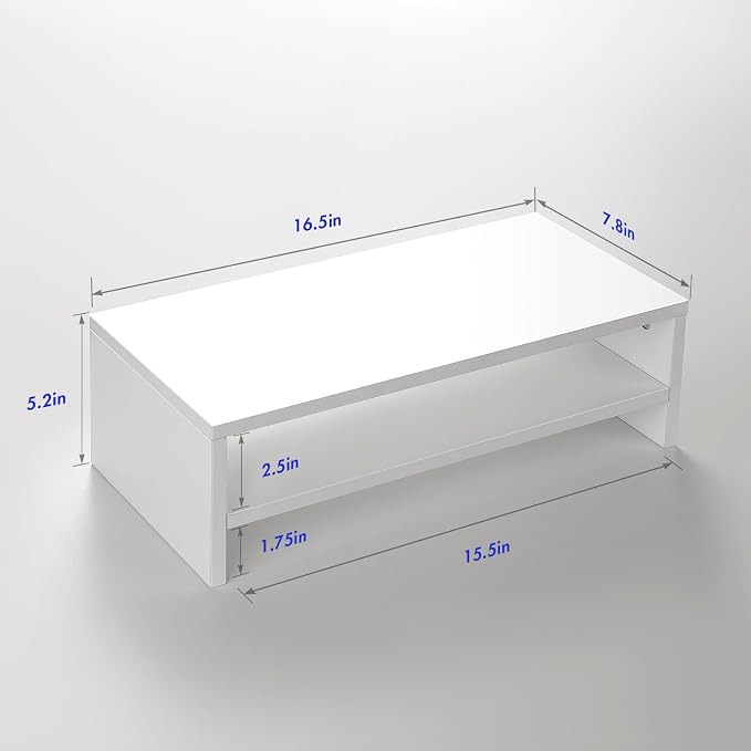 BEYGORMMonitor Stand Riser, White, 16.5 inch, 2 Tiers Wood Desk Shelf | Computer Screen Stand with Storage, For Desktop Laptop/Screen/TV/PC/Printer 16.5"L x 7.8"W x 5.2"H - Image 6