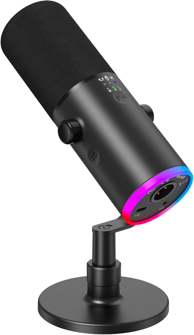 TONOR Dynamic Gaming Microphone XLR/USB Mic with AI Noise Cancellation | Desktop Stand Set, RGB, Tap Mute, 3.5mm Jack, Gain Control, Microfono for Content Creators, Black, TD510 AIR S by TONOR
