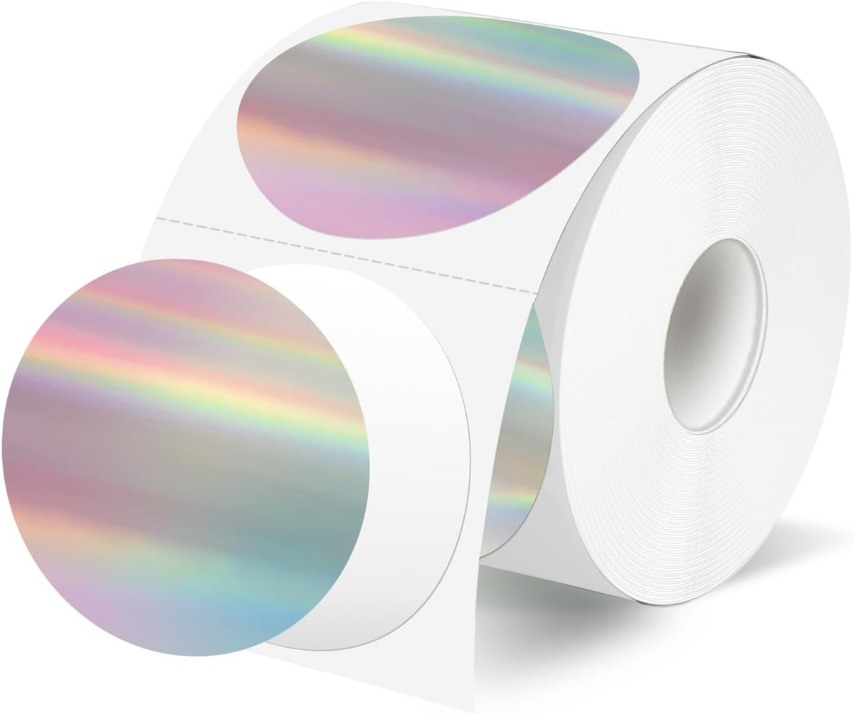2 Inch Circle Thermal Label Stickers, Holographic Round Direct Thermal Sticker Labels, Perforation Line Design- Holographic Gradient Color by Yegawen