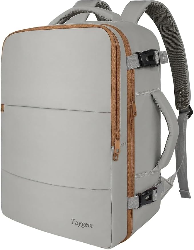 Taygeer Carry On Backpack for Men Women, Laptop Bag 17.3" Flight Approved | Travel Backpack with Water Bottle Pocket & Shoe Pouch, College Teacher Tote Bag for Business Travel, Dark Brown Khaki by Taygeer
