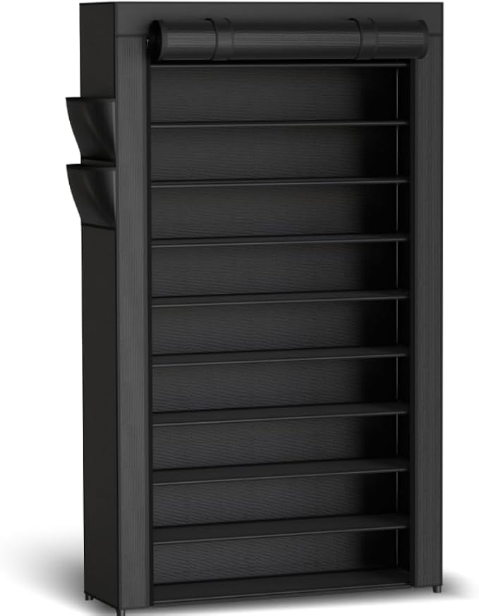 Kitsure 10-Tier Shoe Rack with Cover, Vertical Shelf, 33.6" Wide, Black | Space Saving Shoe Storage with Side Pocket, Shoe Organizer for Closet, Entryway, Bedroom, Zapateras Organizer by Kitsure