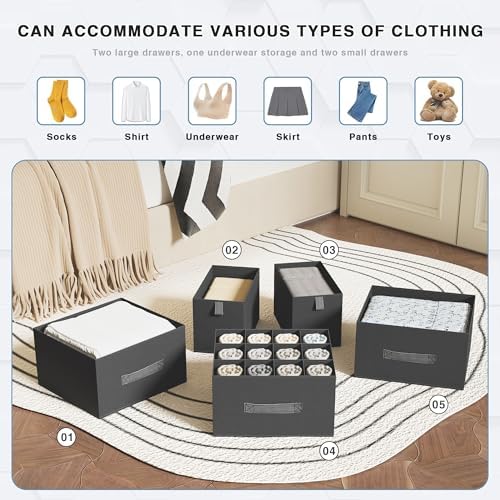 6-Shelf Hanging Closet Organizer with 5 Drawers, Non-Woven, Dark Gray | Spacious compartments sort clothes & undergarments; foldable drawers add hidden storage for closets, wardrobes or RVs. - Image 4