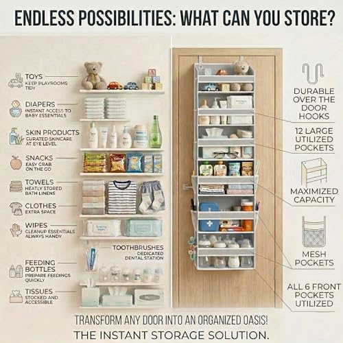 HOMELUX THEORY Over the Door Organizer, 6-Tier, 100D Fabric, Light Gray 1pc | Over the door shoe organizer, 50 lbs capacity, 12 side mesh pockets, 100D extra thick fabric, Closet & entryway storage - Image 6