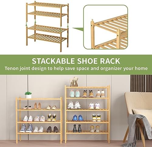ROMGUAR CRAFT 4 Tier Bamboo Shoe Rack for Closet Free Standing Wood Shoe Shelf for Entryway Small Space Stackable 27"x11"x26" (Natural) - Image 5