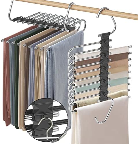 9 Layers Pants Hangers Space Saving Non-Slip Closet Organizer 2 Pack | Metal Space Saving Hangers Multi-Layer Multifunctional Rack Closet Organizers and Storage for Skirts Jeans Trousers(Black) by Besslly