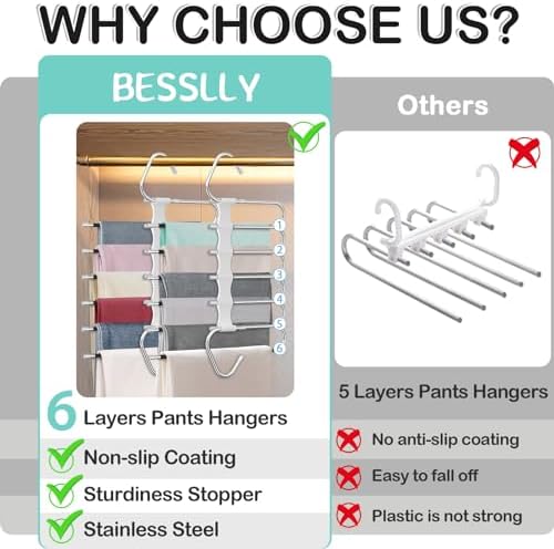 Upgrade 6 Layers Pants Hangers Space Saving, 2Pack Stainless Steel Multifunctional Rack Non Slip S-Type Clothes Jean Hanger Closet Organizer for Jeans Leggings Trousers Skirts Scarf, White | Metal Space Saving Hangers Multi-Layer Multifunctional Closet... - Image 3