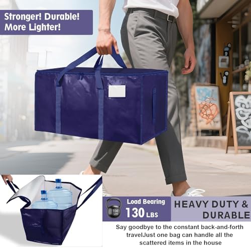 8 Pack-Extra Large Heavy Duty Moving Bags - Waterproof Storage Totes with Handles & Zippers, Foldable for College Dorm, Storage (Dark Blue) - Image 3