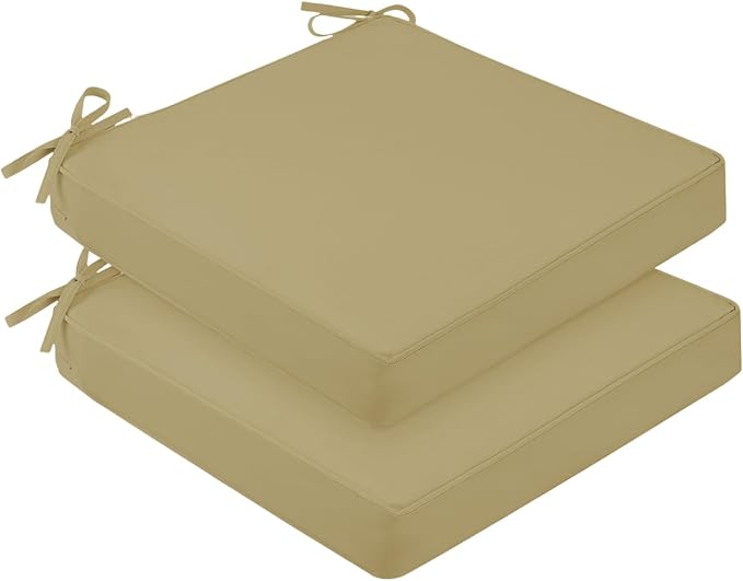 downluxe Waterproof Outdoor Chair Cushions for Patio Furniture, 22" x 22" x 3" Patio Chair Cushion with Adjustable Ties & Portable Handle, Square Outdoor Cushion with Removable Cover, Khaki, 2 Pack by Downluxe