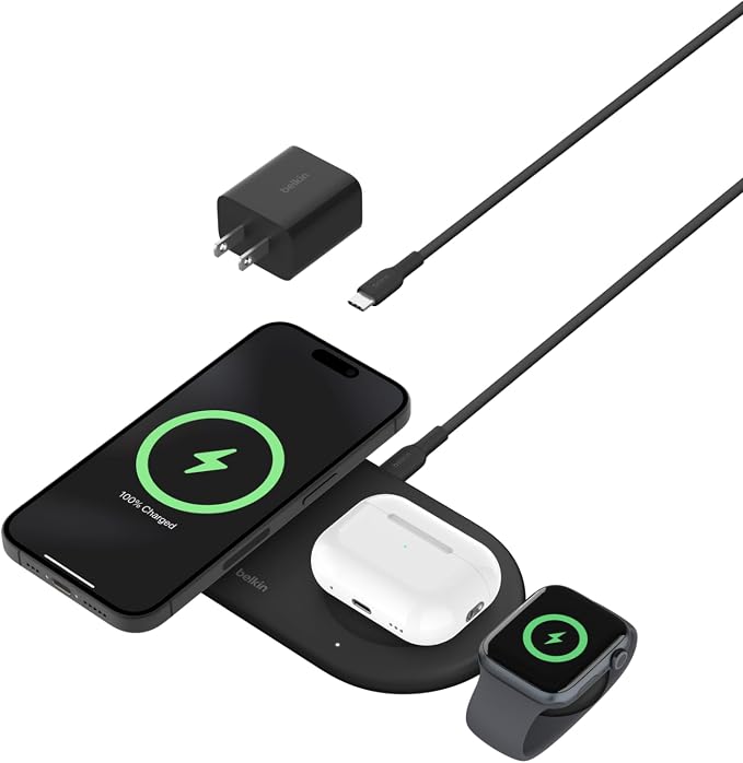 Belkin Qi2 15W Magnetic Wireless Charging Pad, 3 in 1 Fast Charger | MagSafe compatible, iPhone 17/16/15, AirPods, Apple Watch compatible, multi-device charging station, Magnetic by Unknown