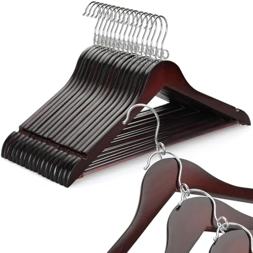 TOPIA HANGER Cherry Wood Hangers 30 Pack, Space Saving Coat Hanger with 360° Swivel Cascading Loop Hook, Non Slip Pants Bar and Shoulder Notches for Camisole, Jacket, Suit (Mahogany) -CT74M30 by TOPIAHANGER