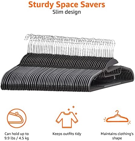 Amazon Basics Non-slip Heavy Duty Space Saving Plastic Hangers with Rubber and Horizontal Bar, Lightweight, Gray, Pack of 50 - Image 3