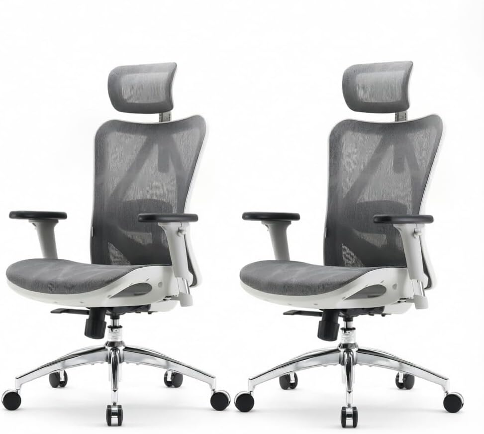 SIHOO M57 Ergonomic Mesh Office Chair, High Back Home Desk Chair with 3D Armrests, Lumbar Support and Adjustable Headrest, Comfortable Computer Chair, Hold 330 LBS-2 Packs-Light Grey by SIHOO
