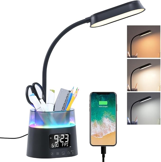 WILIT LED Desk Lamp, Dimmable Study Lamp for Home Office Accessories, Black | Table Lamp with Pen Holder & Clock, USB Charging Port, RGB Night Light, Bedroom & College Dorm Room Essentials for Boys Girls by WILIT