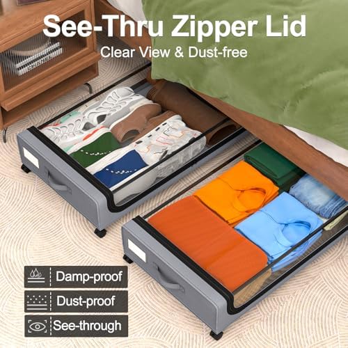 GoMaihe Under Bed Storage with Wheels 70L Grey 2-Pack | Rolling Bins for Shoes Clothes in Dorm Bedroom - Metal Drawers Easy Pull-out - Image 5