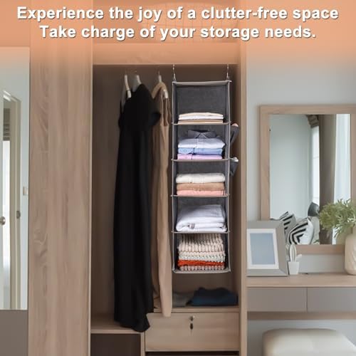 BOOMIBOO Hanging Closet Organize and Shelves，5-Hanging Shelf with 2 Side Pockets，Storage Foldable （Grey） | Dorm Room Essentials, Clothes Organizer with 2 Side Pockets, Hanging Shelves for Closet Storage, Breathable Fabric - Image 5