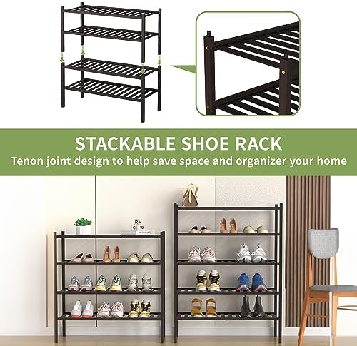 ROMGUAR CRAFT 5 Tier Bamboo Shoe Rack for Closet Free Standing Wood Shoe Shelf for Entryway Small Space Stackable 27"x11"x33" (Brown) - Image 5