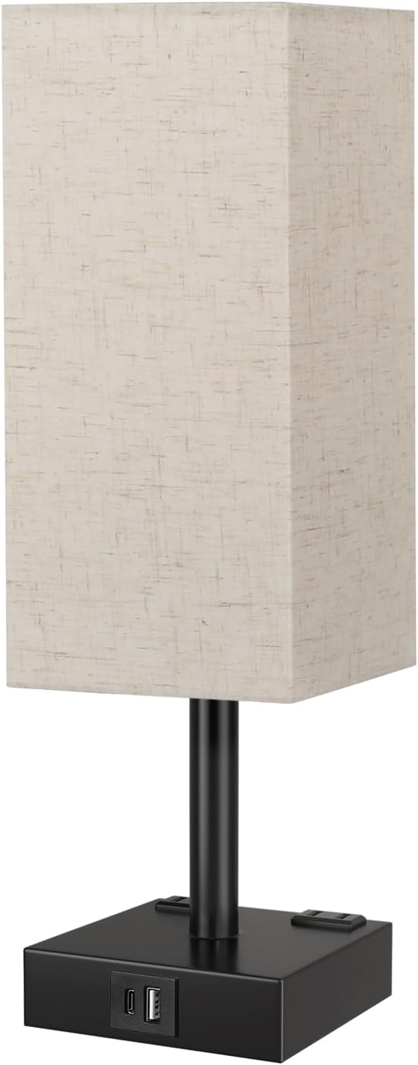 Beige Touch Table Lamp for Bedroom - Dimmable, USB C+A, 2 AC Outlets | 3-Way Dimming, 3000K Bulb Included, Square Beige Lampshade and Black Base, Desk Lamp for Nightstand, Living Room, Dorm - Image 8