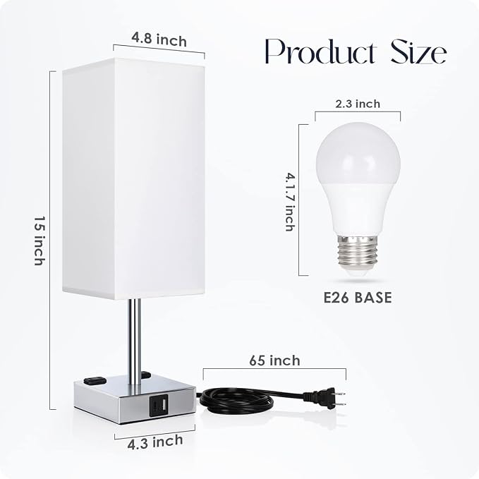 Bedside Lamp with USB Ports - Touch Control Table Lamp for Bedroom with USB C+A Charging Ports & AC Outlets, 3 Way Dimmable Nightstand Light for Living Room (LED Bulb Included, Chrome - White) - Image 7