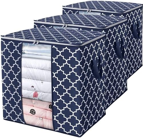 Storage Bags 3 Pack 100L Clothes Organization and Storage Containers | Large Blanket for Comforters,Bedding, Foldable Organizer with Reinforced Handle, Clear Window, Sturdy Zippers, Blue by WiseLife
