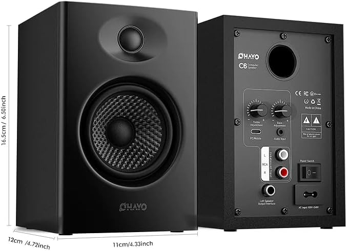 OHAYO 60W Computer Speakers for Music and Gaming, Active Bluetooth 5.3, Stereo 2.0 Speakers for Desktop PC or Laptop, 3.5mm Aux RCA USB Input, 1 Pair, Black - Image 2
