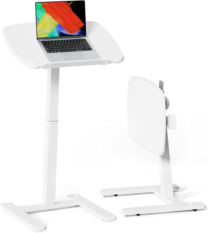 JOY worker Low Height Small Mobile Standing Desk, 90° Foldable Laptop Desk | Height Adjustable TV Tray Table, 21.65" White MDF Tilt Board, Portable Desk with Low Base & Hidden Wheels, Couch Sitting Use by JOYworker