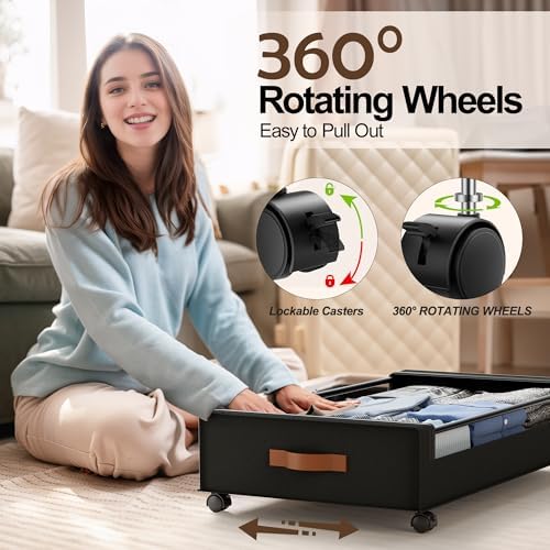 LAMU Under Bed Storage with Wheels, 4Pack Underbed Storage Containers,Black | Smooth-rolling Wheels, Clear Lid & Label, Sturdy Metal Frame, Easy Install, Rolling Storage Drawers for Clothes, Shoes, Toys - Image 4
