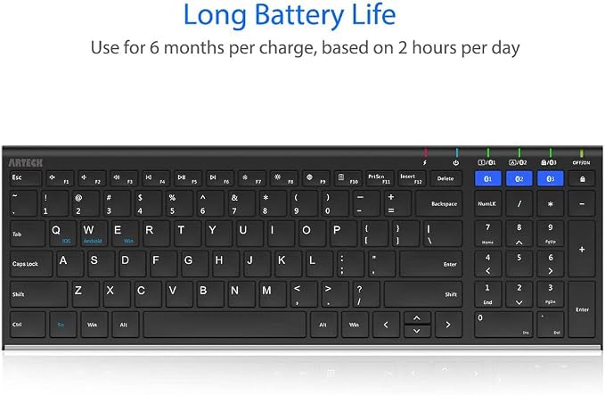 Arteck HB193 Universal Bluetooth Keyboard Multi-Device Stainless Steel Full Size Wireless Keyboard for Windows, iOS, Android, Computer Desktop Laptop Surface Tablet Smartphone Rechargeable Battery - Image 5