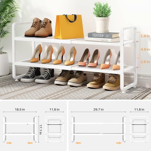 Expandable Metal Shoe Rack for Closet, Entryway & Garage, 2-Tier, White | Adjustable Height for Boots, Stackable Design, Dense Mesh Shelves for Heels, Fits Small Spaces, Apartments and Rentals - Image 3