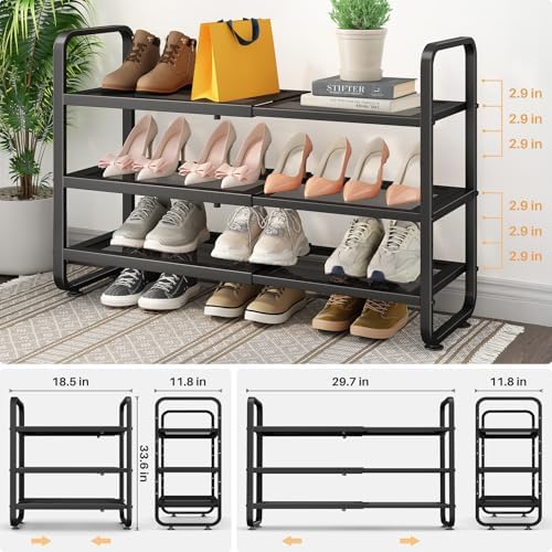 Expandable Metal Shoe Rack for Closet, Entryway & Garage, 3-Tier, Black | Adjustable Height for Boots, Stackable Design, Dense Mesh Shelves for Heels, Fits Small Spaces, Apartments and Rentals - Image 3