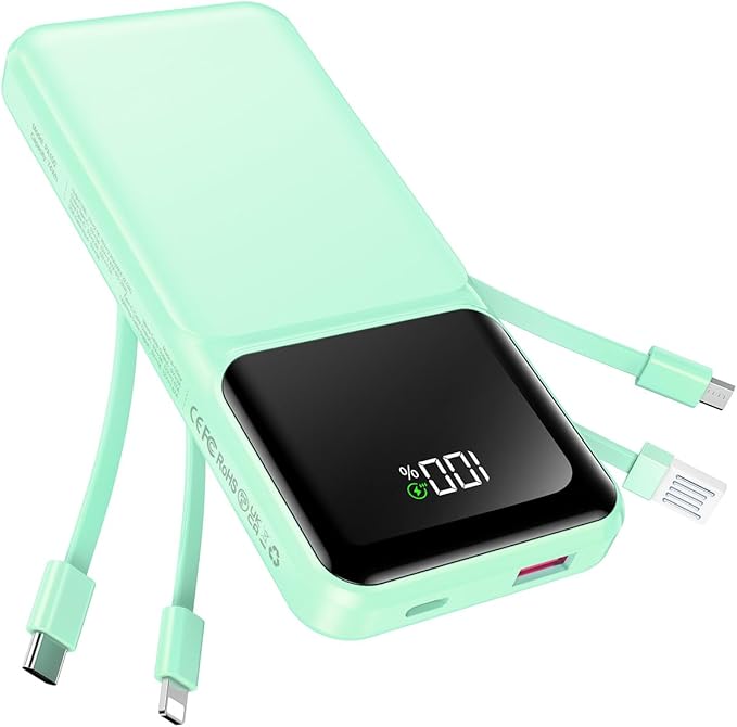 Portable Charger with Built in Cable 20000mAh Fast Charging | Power Bank USB C Slim 22.5W LED Display Battery Pack 5 Outputs & 3 Inputs for Travel Essentials iPhone Samsung Phones Cyan by RONEGN