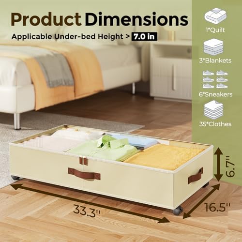 LAMU Under Bed Storage with Wheels, 2 Pack Under Bed Storage Containers with Clear Lids & Label, Rolling Under Bed Drawers for Clothes, Shoes, Blankets, Beige - Image 2