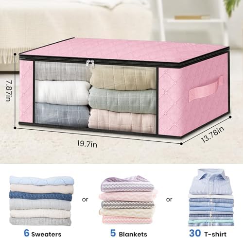 HomeHacks 4-Pack Clothes Organizer Storage Bags, 35L Storage Bins, Pink | Foldable Storage Box Container with Zippers, Clear Window, Reinforced Handles for Closet, Dorm, Pillows, Bedding, Sweater - Image 2