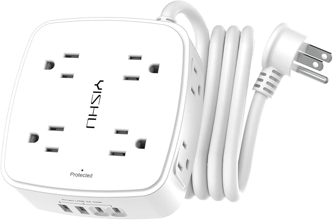 6Ft Surge Protector Power Strip with 8 Widely Outlets & 4 USB Ports | 3 Side Outlet Extender with 6 Feet Extension Cord, Flat Plug, for Home, Office, College Dorm Room Essentials, ETL, White by YISHU