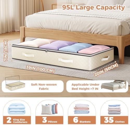 Budding Joy 95L Underbed Storage Containers, 4 Pack Closet Organizers Beige | Underbed Storage Bags for Blankets, Towels, Comforter, Sweaters, Linen Sheets, Wrapping Paper - Image 3