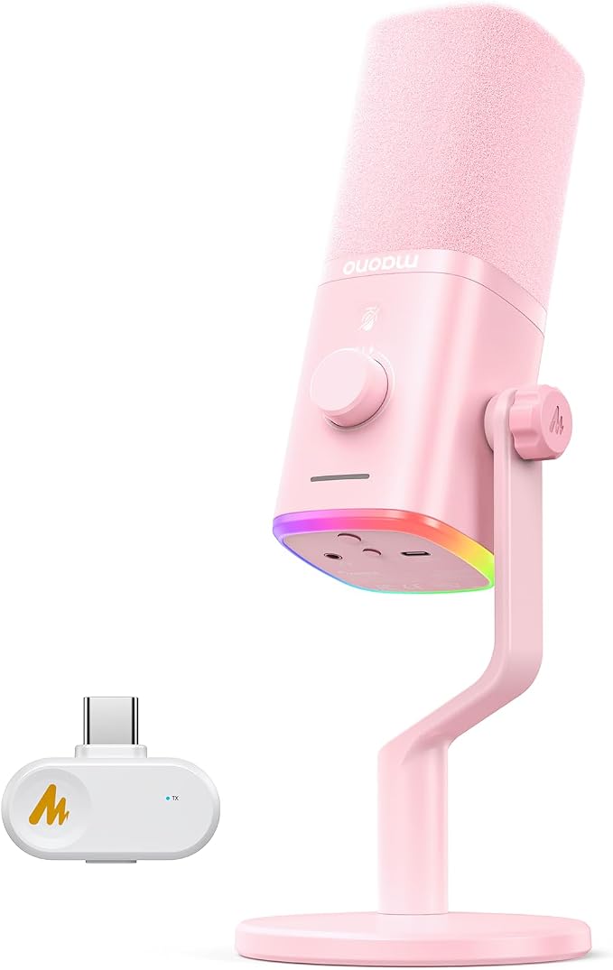 MAONO PD100W Wireless Dynamic Gaming Microphone for PC with USB-C Receiver | One-Click Noise Reduction,Custom RGB,Mute,Monitoring, Companion App,Wireless Desktop Mic for Creator, Stream, Podcast, Pink by MAONO